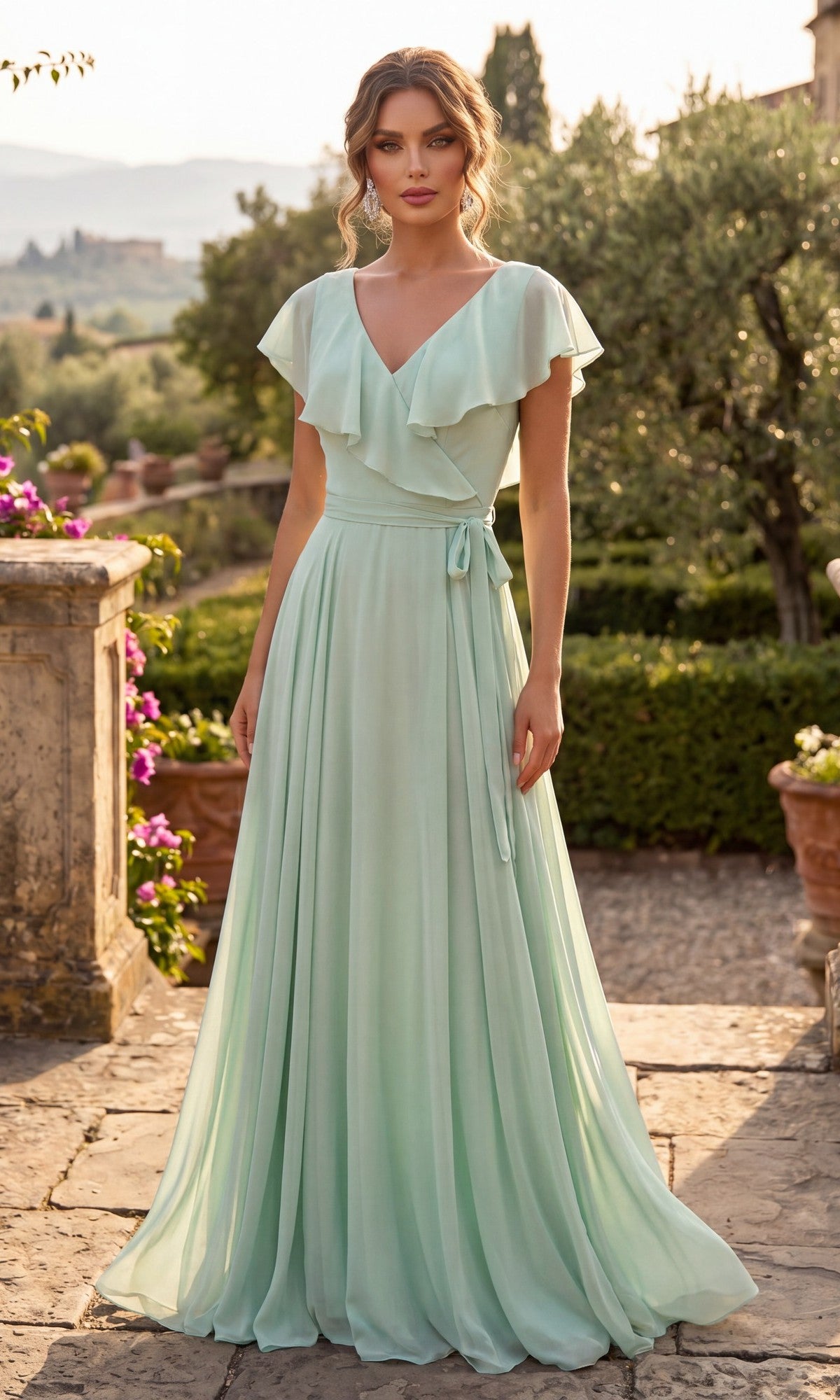 A woman stands outdoors on a stone pathway surrounded by greenery and flowers, wearing the Chicas C2403 Long Formal Dress in sage—a flowing chiffon gown featuring ruffled sleeves and an elegant a-line skirt.